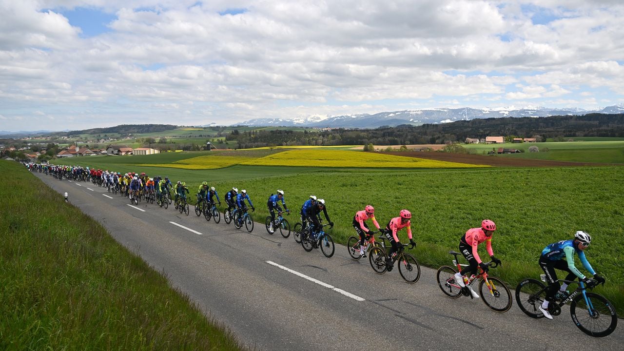 SALVAN-LES MARECOTTES, SWITZERLAND - APRIL 25: A general view of Enric Mas of Spain, Alex Aranburu of Spain, Jorge Arcas of Spain, Remi Cavagna of France, Johan Jacobs of Switzerland, Nelson Oliveira of Portugal, Ivan Ramiro Sosa of Colombia and Movistar Team, Darren Rafferty of Ireland, Richard Carapaz of Ecuador, James Shaw of The United Kingdom and Team EF Education - EasyPost, Jordan Labrosse of France and Decathlon AG2R La Mondiale Team compete during the 77th Tour De Romandie 2024, Stage 2 a 171km stage from Fribourg to Salvan-Les Marecottes 1059m / #UCIWT / on April 25, 2024 in Salvan-Les Marecottes, Switzerland.  (Photo by Luc Claessen/Getty Images)