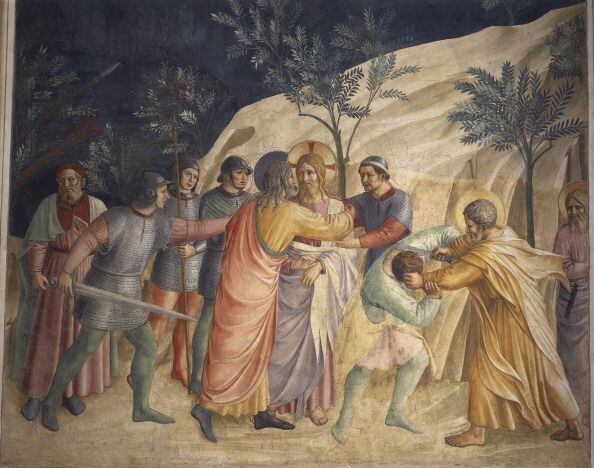 Según las Sagradas Escrituras, Judas Iscariote le dio un beso a Jesús durante su aprehensión en el huerto de Getsemaní. Ilustración de Giovanni da Fiesole, 'Fra Angelico', 1437-1445.