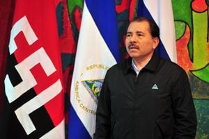 El presidente de Nicaragua, Daniel Ortega, durante la visita del canciller ruso Serguei Lavrov el 14 de febrero de 2010 en Managua, Nicaragua.