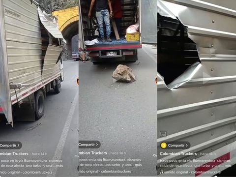 Una roca de gran tamaño atravesó un camión en la vía a Buenaventura y golpeó a una tractomula. Foto: Fragmento video en Tiktok Colombian Truckers