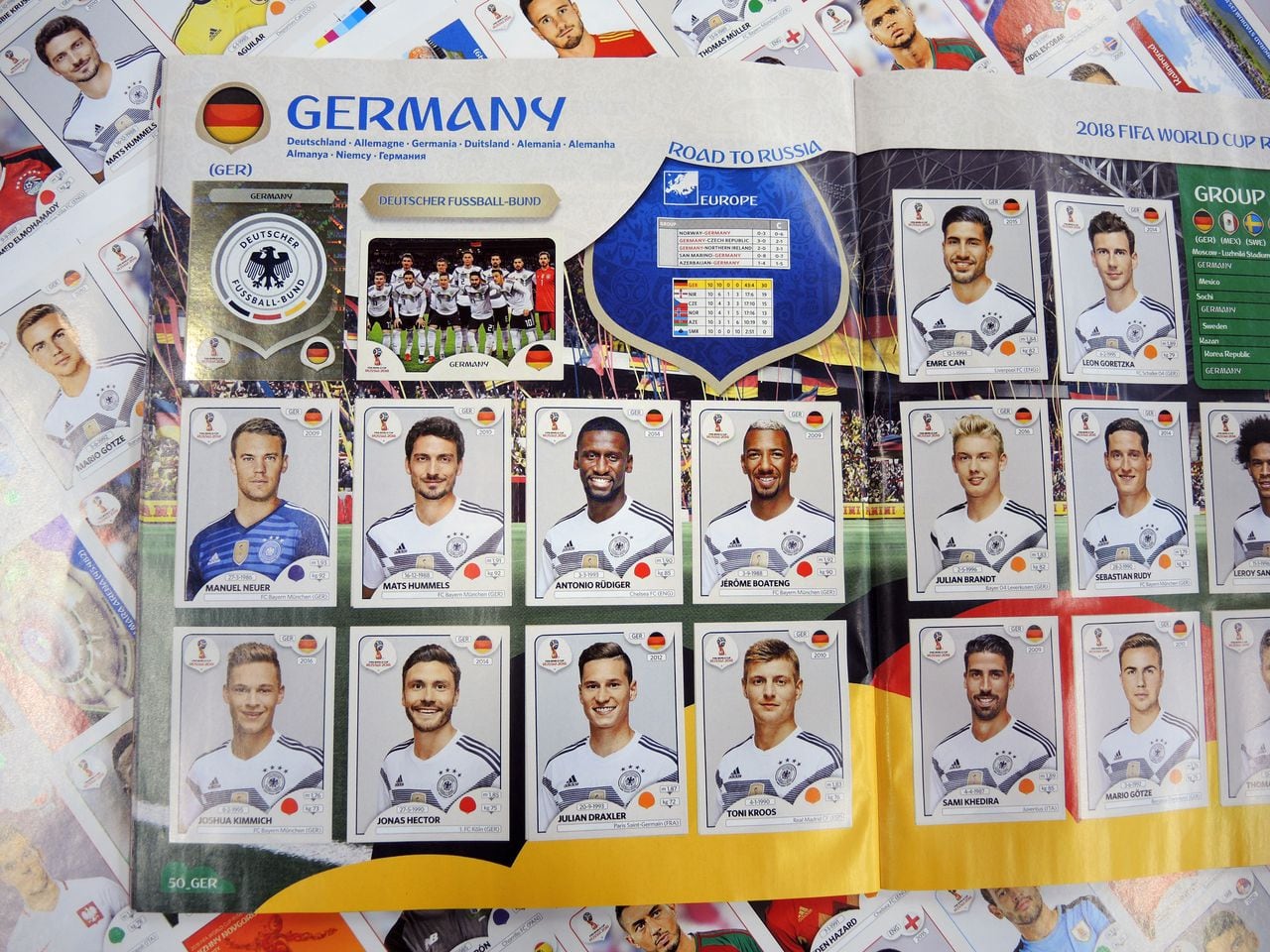 12 March 2018, Italy, Modena: The German national team is printed on a sticker sheet at a Panini sticker production facility. From 27 March, the stickers will be available in German stores as part of the franchise for the upcoming World Cup in Russia. Photo: Lena Klimkeit/dpa (Photo by Lena Klimkeit/picture alliance via Getty Images)
