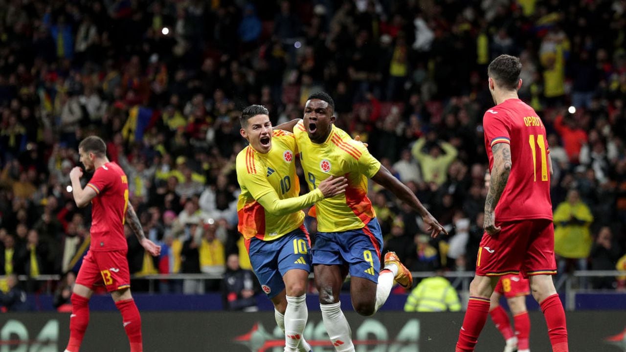 MADRID, SPAIN - MARCH 26: Jhon Cordoba of Colombia celebrates scoring his team's first goal with teammate James Rodriguez during the international friendly match between Romania and Colombia at Civitas Metropolitan Stadium on March 26, 2024 in Madrid, Spain.  (Photo by Gonzalo Arroyo Moreno/Getty Images)