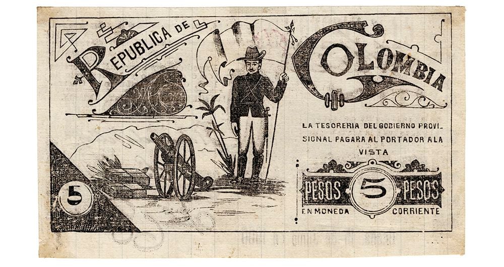 Anverso billete de cinco pesos emitido por el ejército liberal de Ocaña