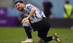 Argentina's Lionel Messi reacts during the World Cup group C soccer match between Argentina and Saudi Arabia at the Lusail Stadium in Lusail, Qatar, Tuesday, Nov. 22, 2022. (Fabio Ferrari/LaPresse via AP)