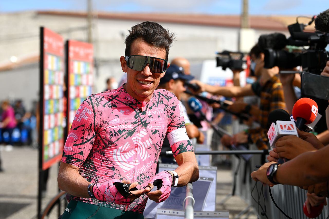 TRUJILLO, SPAIN - SEPTEMBER 08: Rigoberto Uran Uran of Colombia and Team EF Education - Easypost speaks to the media press prior to the 77th Tour of Spain 2022, Stage 18 a 192km stage from Trujillo to Alto del Piornal 1163m / #LaVuelta22 / #WorldTour / on September 08, 2022 in Alto del Piornal, Caceres, Spain. (Photo by Tim de Waele/Getty Images)