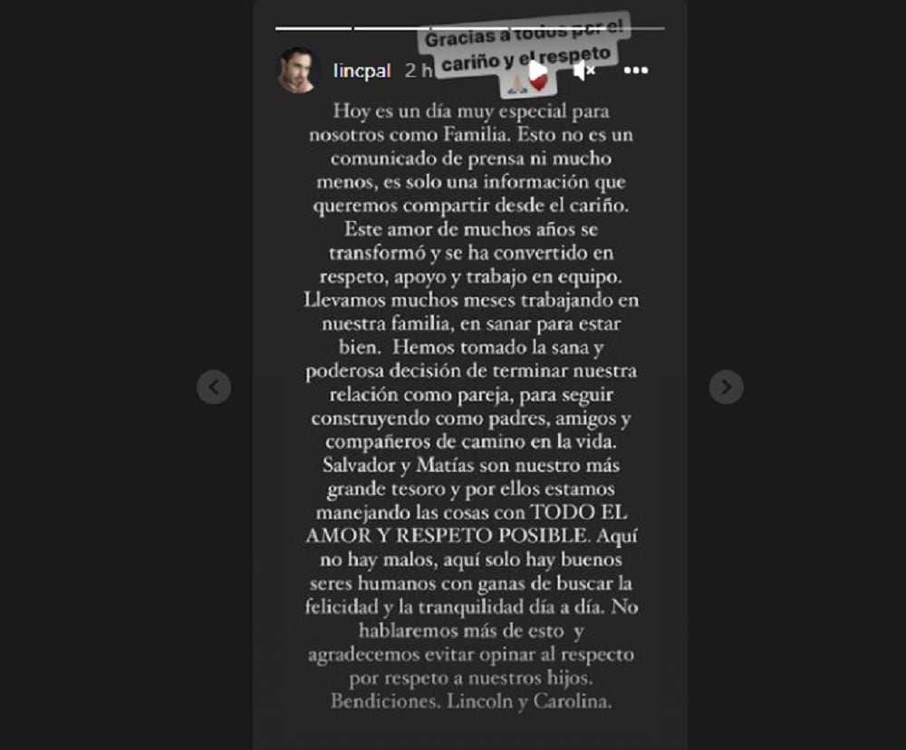 Lincoln Palomeque compartió el comunicado en su cuenta oficial en Instagram de Lincoln Palomeque tras su separación con Carolina Cruz.  Captura de Pantalla Instagram @lincpal