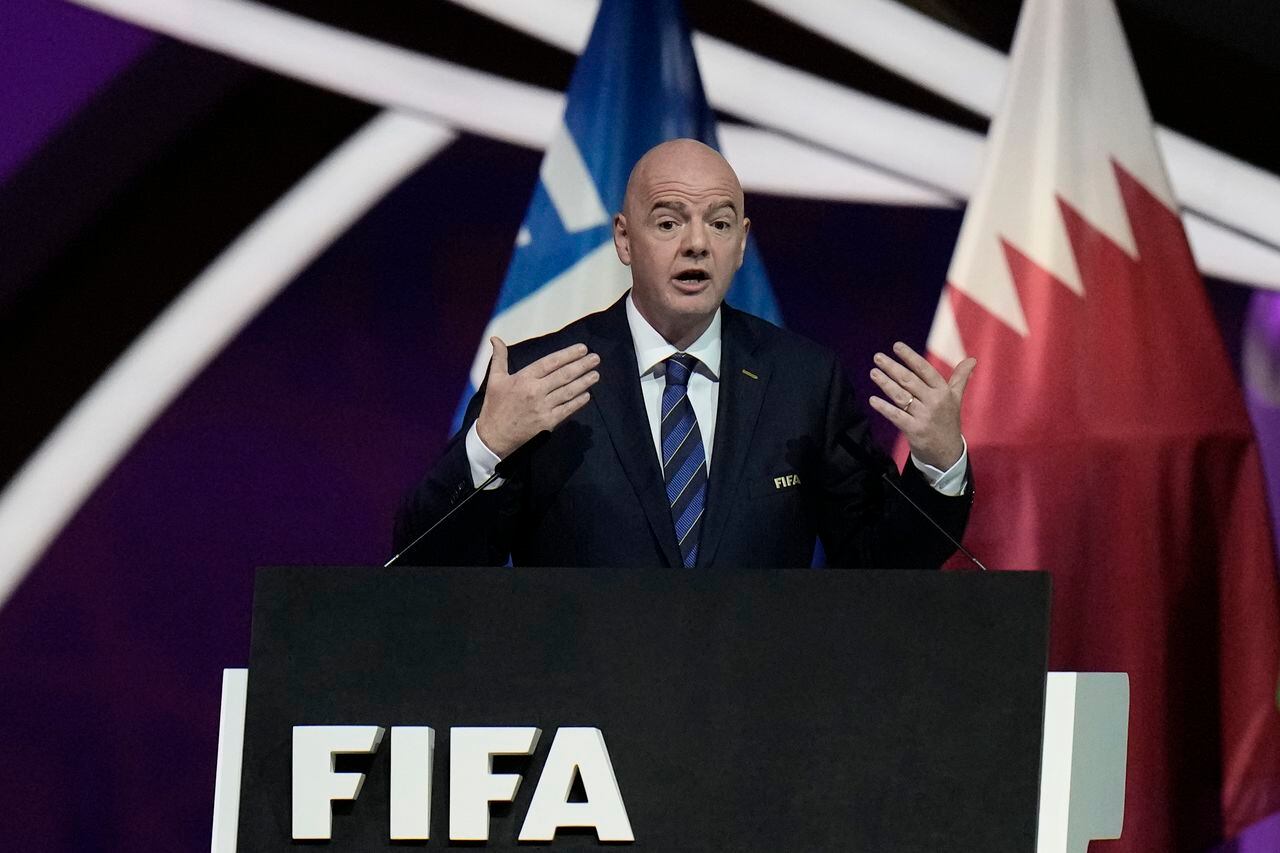 FIFA President Gianni Infantino speaks during the FIFA congress at the Doha Exhibition and Convention Center in Doha, Qatar, Thursday, March 31, 2022. (AP Photo/Hassan Ammar)