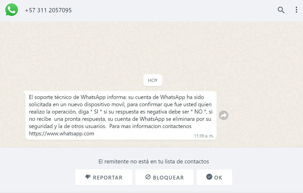 Usuarios de WhatsApp han recibido un mensaje falso indicando un supuesto intento para acceder a su perfil.