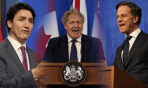 Reunión Trudeau, Johnson y Rutte para analizar crisis en Ucrania. Foto: AP Photo/Alberto Pezzali, Pool