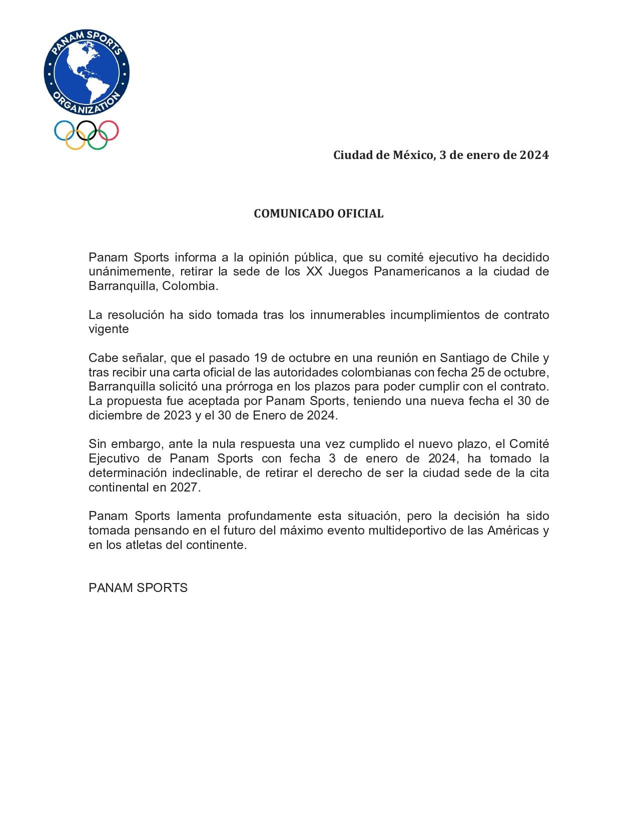 Comunicado de Panam Sports ante el grave incumplimiento de los pagos para la realización de los Juegos Panamericanos de 2027 en Barranquilla.