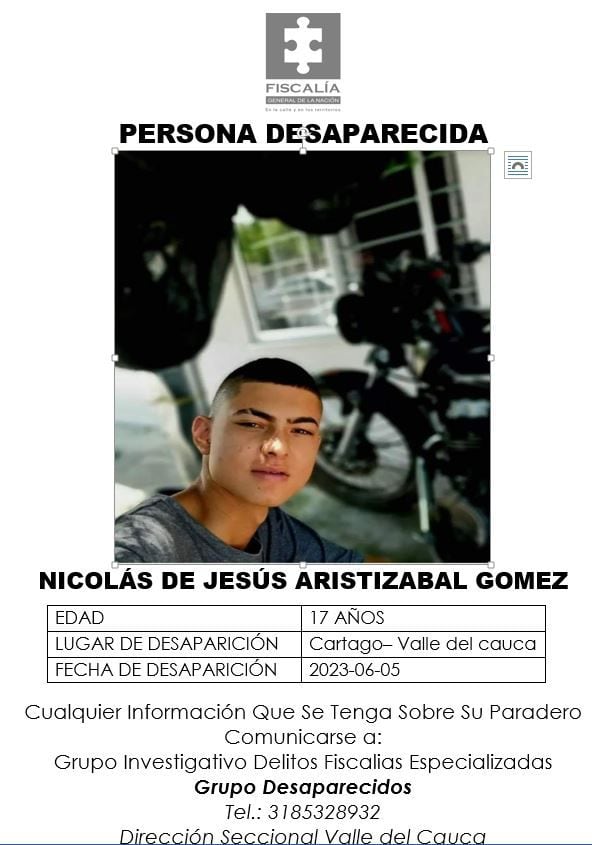 Nicolás Aristizabal desaparecido en Cartago, Valle del Cauca