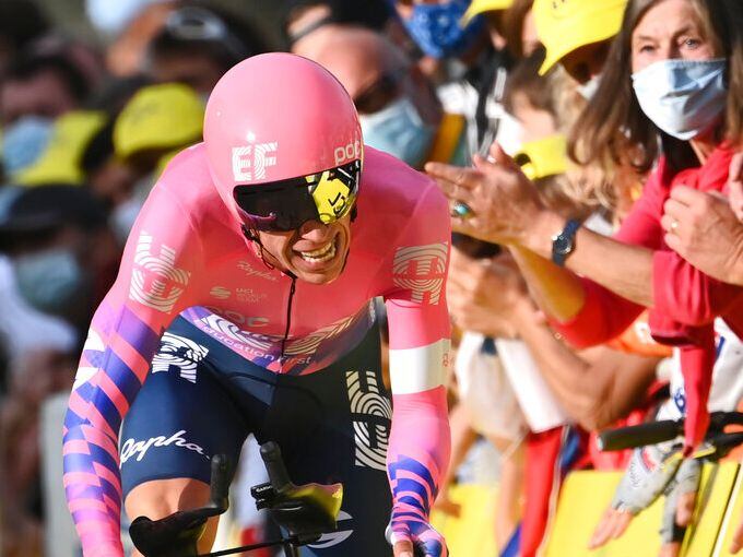 Colombia's Rigoberto Uran competes during stage 20 of the Tour de France cycling race, an individual time trial over 36.2 kilometers (22.5 miles), from Lure to La Planche des Belles Filles, France, Saturday, Sept. 19, 2020. (Marco Bertorello/Pool via AP)