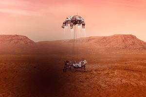 Esta ilustración proporcionada por la NASA muestra el rover Perseverance, abajo, aterrizando en Marte. Cientos de eventos críticos deben ejecutarse perfecta y exactamente a tiempo para que el rover aterrice de manera segura el 18 de febrero de 2021. La entrada, descenso y aterrizaje, o "EDL", comienza cuando la nave alcanza la cima de la atmósfera marciana, viajando casi 12,500 mph (20,000 kph). La EDL termina unos siete minutos después de la entrada atmosférica, con Perseverance estacionaria en la superficie marciana. Ilustración: NASA / JPL-Caltech vía AP.