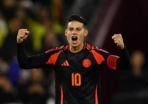 James Rodríguez celebrando un gol de la Selección Colombia