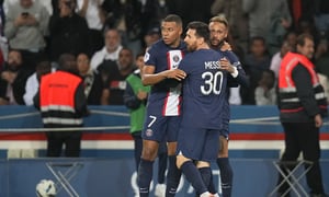 PARIS, FRANCE - OCTOBER 16: Leo Messi (30), Neymar Jr (10) and Kilian Mbappé (7) celebrates after Neymar Jr scored the first goal of the game during the French Ligue 1 match between Paris Saint-Germain (PSG) and Olympique de Marseille at Parc des Princes on October 16, 2022 in Paris, France. (Photo by Glenn Gervot/Icon Sportswire via Getty Images)