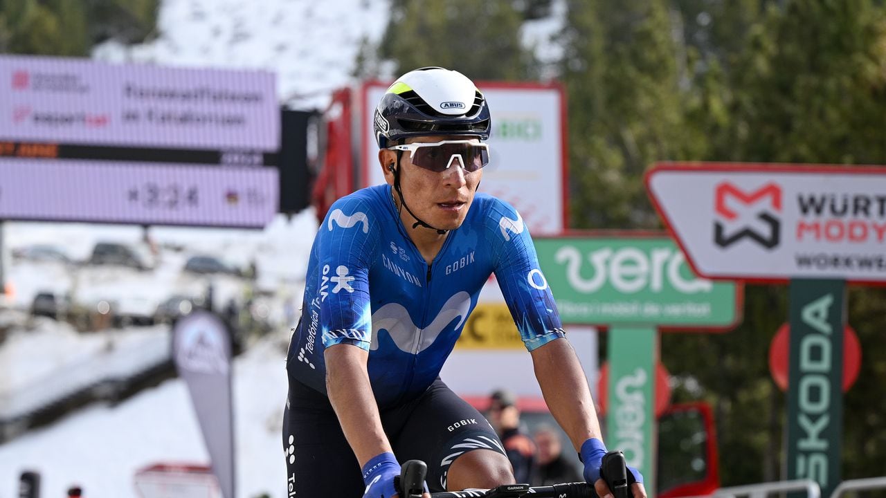 PORT AINE, SPAIN - MARCH 20: Nairo Quintana of Colombia and Movistar Team crosses the finish line during the 103rd Volta Ciclista a Catalunya 2024, Stage 3 a 176.7km stage from Sant Joan de les Abadesses to Port Aine 1967m / #UCIWT / on March 20, 2024 in Port Aine, Spain. (Photo by David Ramos/Getty Images)