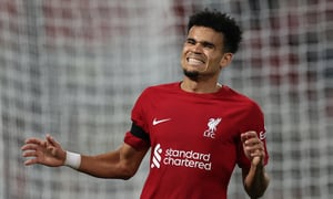 LIVERPOOL, ENGLAND - OCTOBER 04: Luis Diaz of Liverpool reacts during the UEFA Champions League group A match between Liverpool FC and Rangers FC at Anfield on October 04, 2022 in Liverpool, England. (Photo by Ian MacNicol/Getty Images)