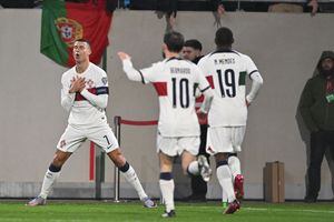 LUXEMBOURG, LUXEMBOURG - MARCH 26: Cristiano Ronaldo of Portugal celebrates his goal during the UEFA EURO 2024 Qualifying Round Group J match between Luxembourg and Portugal at Stade de Luxembourg on March 26, 2023 in Luxembourg. (Photo by Will Palmer/Sportsphoto/Allstar via Getty Images)