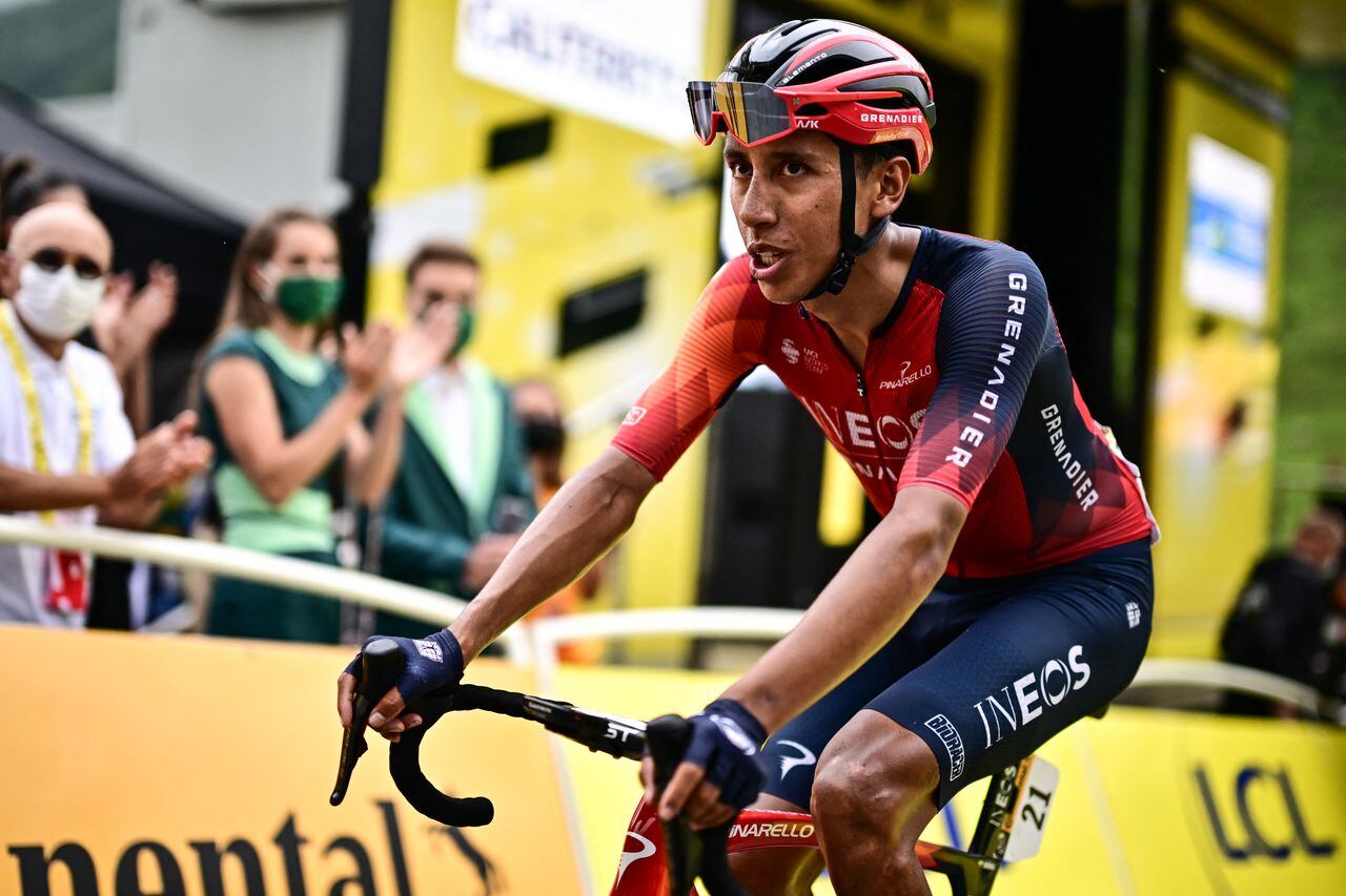 INEOS - Grenadiers' Colombian rider Egan Bernal crosses the finish line of the 6th stage of the 110th edition of the Tour de France cycling race, 145 km between Tarbes and Cauterets-Cambasque, in the Pyrenees mountains in southwestern France, on July 6, 2023. (Photo by Marco BERTORELLO / AFP)