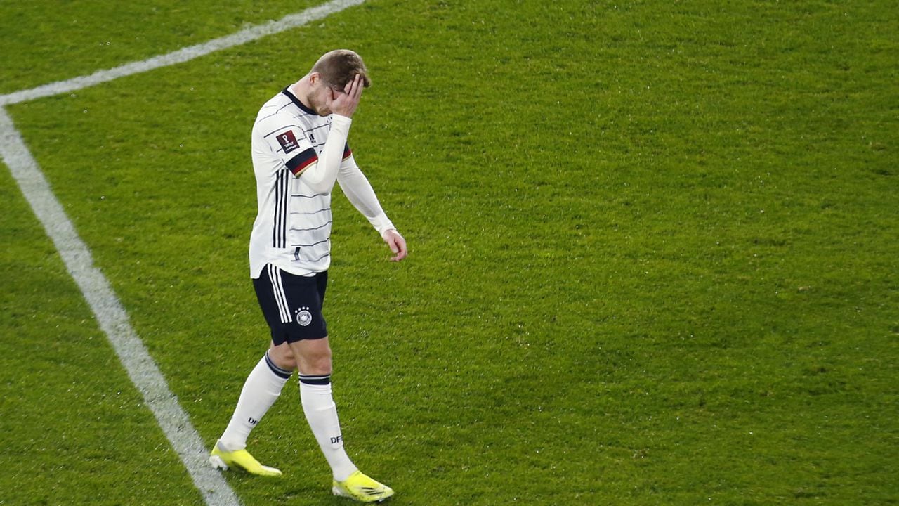 DUISBURG, GERMANY - MARCH 31: Timo Werner of Germany reacts after their side concedes a second goal during the FIFA World Cup 2022 Qatar qualifying match between Germany and North Macedonia at Schauinsland-Reisen-Arena on March 31, 2021 in Duisburg, Germany. Sporting stadiums around Germany remain under strict restrictions due to the Coronavirus Pandemic as Government social distancing laws prohibit fans inside venues resulting in games being played behind closed doors. (Photo by Getty Images/Thilo Schmuelgen - Pool)