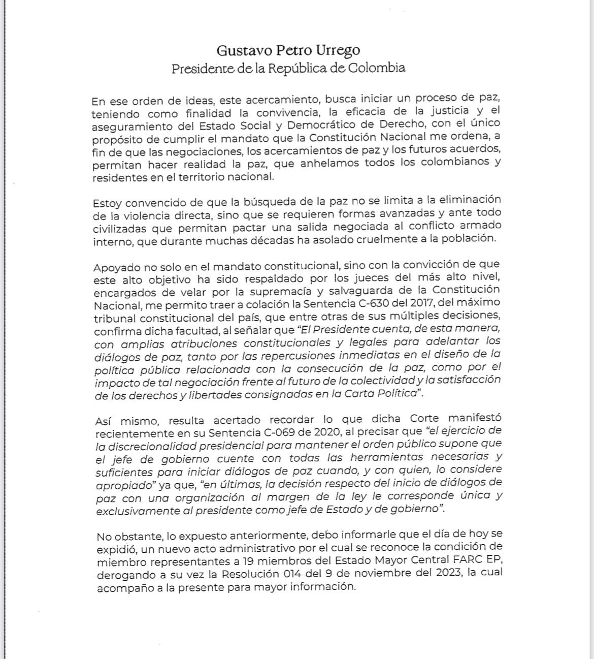 Carta presidente Petro al fiscal General