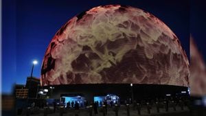Medios esperan la llegada de celebridades durante la noche inaugural de 'The Sphere', el viernes 29 de septiembre de 2023, en Las Vegas.
