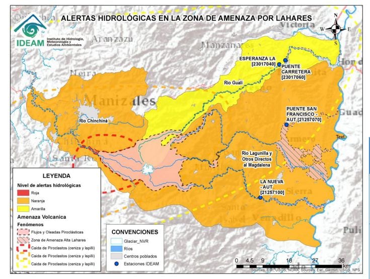 En la zona de amenaza por lahares se tiene alerta naranja en la cuenca del río Lagunilla en la zona del Alto Magdalena