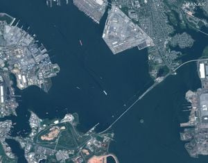 A satellite image shows the Francis Scott Key Bridge in Baltimore, Maryland, U.S., May 6, 2023.    Satellite image 2024 Maxar Technologies/Handout via REUTERS    THIS IMAGE HAS BEEN SUPPLIED BY A THIRD PARTY NO RESALES. NO ARCHIVES. MANDATORY CREDIT. DO NOT OBSCURE LOGO.