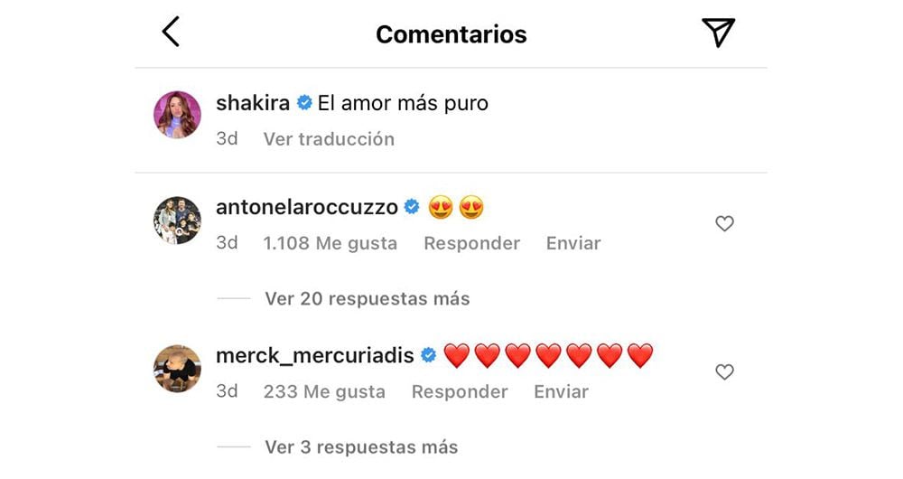 Antonela Roccuzzo comentarios en post de Shakira - Captura de pantalla @shakira