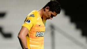 MONTEVIDEO, URUGUAY - NOVEMBER 04: Aldair Quintana of Atlético Nacional looks dejected after a second leg match of the second round of Copa CONMEBOL Sudamericana 2020 between River Plate (URU) and Atlético Nacional at Parque Viera Stadium on November 04, 2020 in Montevideo, Uruguay. (Photo by Ernesto Ryan/Getty Images)
