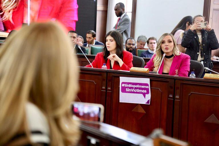 Lorena Beltrán y Elizabeth Loaiza en el Congreso de la República, en el debate para aprobar la ley contra los biopolímeros.