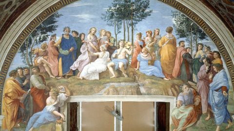 Fresco de ‘El Parnaso’ de Rafael en la Estancia del Sello, en los Museos Vaticanos de Roma, en donde están representados nueve poetas de la Antigüedad y nueve contemporáneos a Rafael.