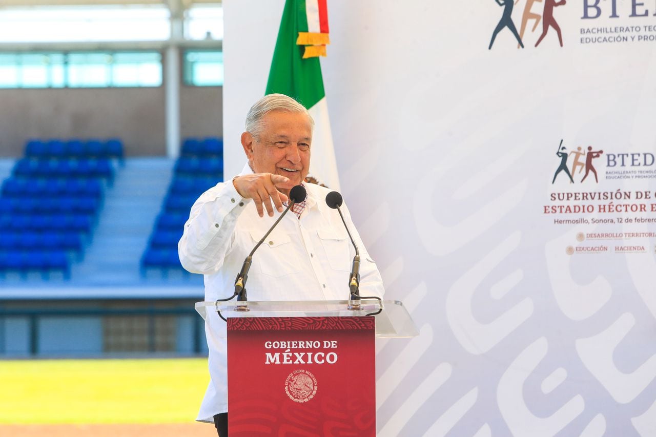 HERMOSILLO, MEXICO - FEBRUARY 12: President of Mexico Andres Manuel Lopez Obrador speaks during an event to inaugurate the Technological Academy of Education and Sports Promotion at Hector Espino Stadium on February 12, 2022 in Hermosillo, Mexico. The academy, which will house 70 students, is 98% complete and is expected to be finished by mid-March. (Photo by Luis Gutierrez/Norte Photo/Getty Images)