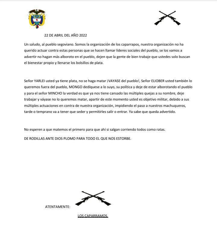 Presunta amenaza de "Los Caparros" a mineros de Antioquia.
