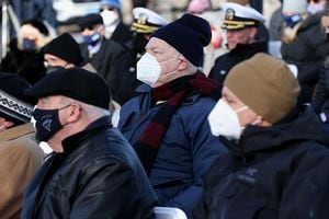BOSTON MA - January 21: A man wears a mask during the USS Constitution change of command ceremony on January 21, 2022 in Boston, Massachusetts.  (Staff Photo By Matt Stone/MediaNews Group/Boston Herald)