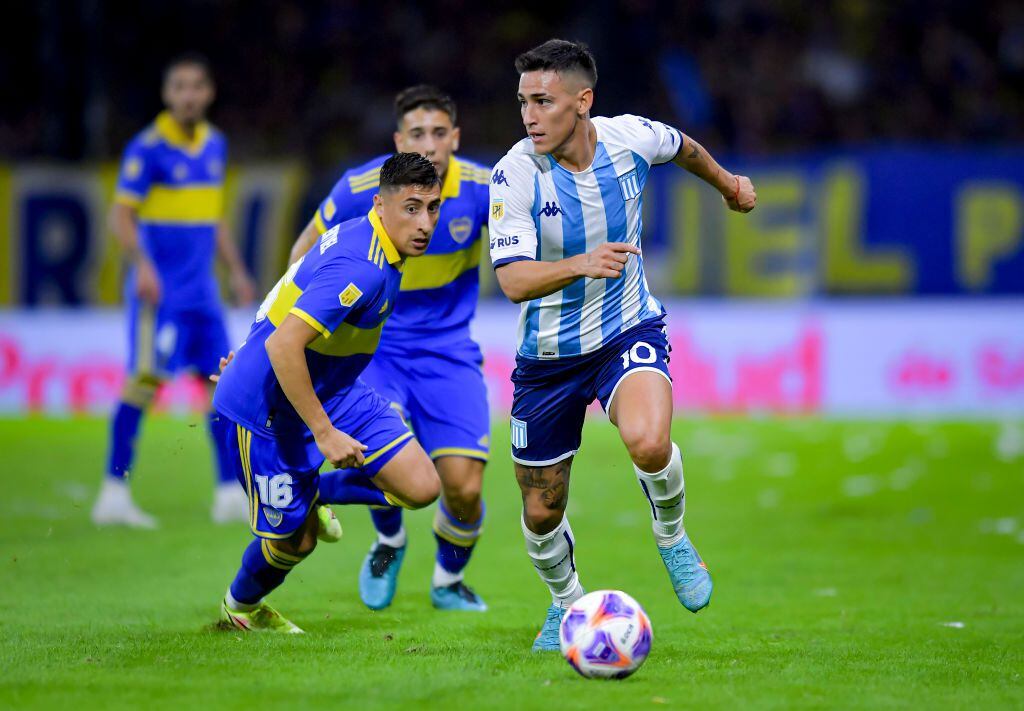BUENOS AIRES, ARGENTINA - APRIL 29:  Matias Rojas of Racing Club drives the ball during a Liga Profesional 2023 match between Boca Juniors and Racing Club at Estadio Alberto J. Armando on April 29, 2023 in Buenos Aires, Argentina. (Photo by Marcelo Endelli/Getty Images)