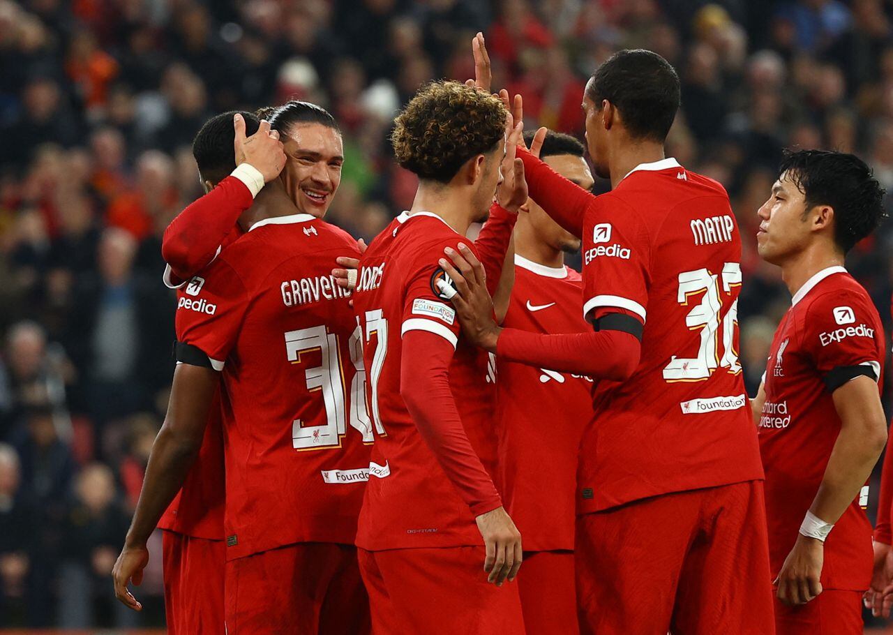 Soccer Football - Europa League - Group E - Liverpool v Toulouse - Anfield, Liverpool, Britain - October 26, 2023  Liverpool's Ryan Gravenberch celebrates scoring their fourth goal with teammates REUTERS/Molly Darlington