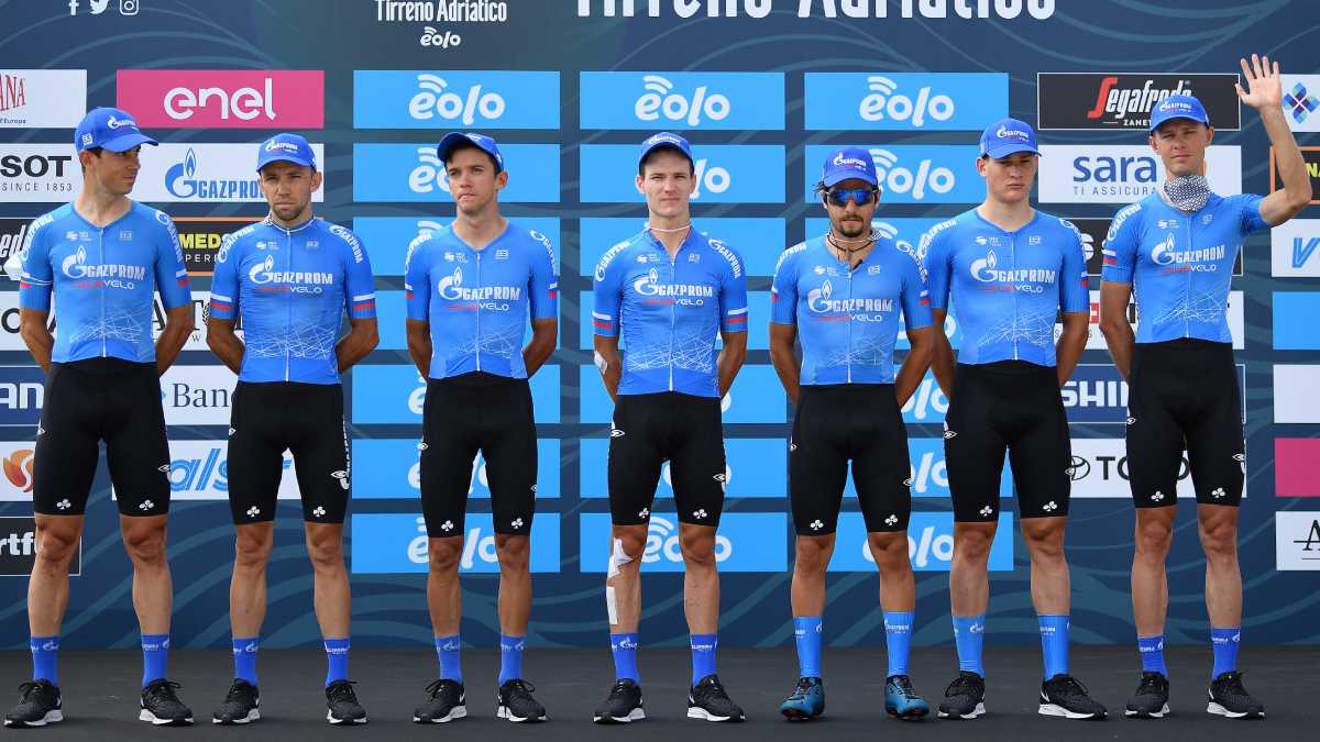 LIDO-DI-CAMAIORE, ITALY - SEPTEMBER 07: Start / Igor Boev of Russia and Team Gazprom-Rusvelo / Marco Canola of Italy and Team Gazprom-Rusvelo / Imerio Cima of Italy and Team Gazprom-Rusvelo / Denis Nekrasov of Russia and Team Gazprom-Rusvelo / Ivan Rovny of Russia and Team Gazprom-Rusvelo / Aleksei Rybalkin of Russia and Team Gazprom-Rusvelo / Simone Velasco of Italy and Team Gazprom-Rusvelo / Team Presentation / during the 55th Tirreno-Adriatico 2020, Stage 1 a 133km stage from Lido di Camaiore to Lido di Camaiore / @TirrenAdriatico / on September 07, 2020 in Lido di Camaiore, Italy. (Photo by Getty Images/Justin Setterfield)