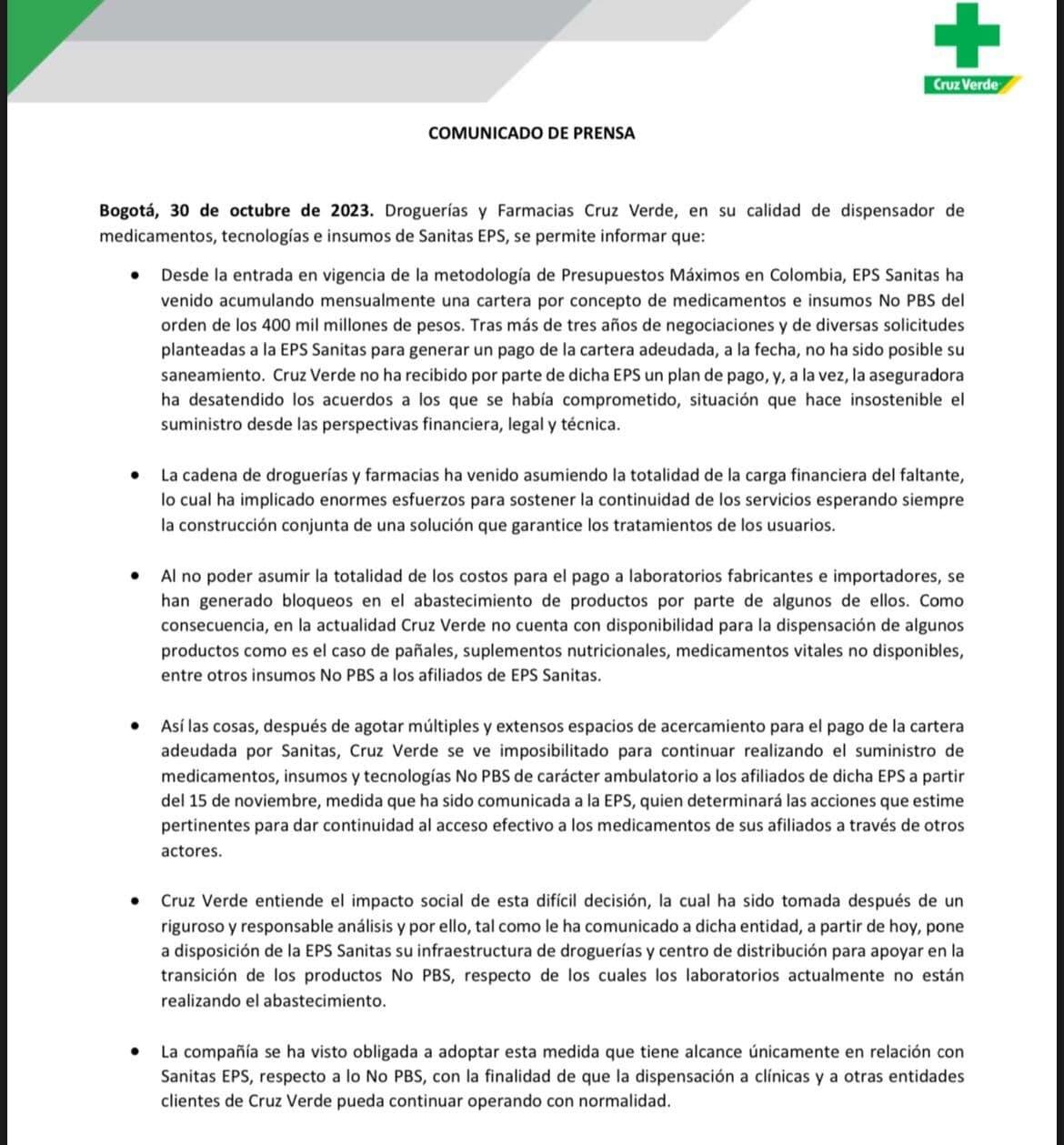 Comunicado de Cruz Verde sobre situación de Sanitas.