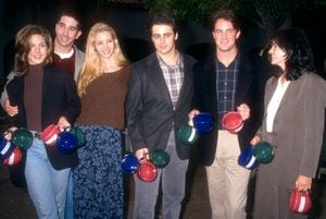 LOS ANGELES, CA - JANUARY 9: Actors Jennifer Aniston, David Schwimmer, Lisa Kudrow, Matt LeBlanc, Matthew Perry and Courtney Cox of the television comedy, Friend's pose for a portrait during an NBC Press Tour Party on January 9, 1995 in Los Angeles, California. (Photo by Ron Davis/Getty Images)
