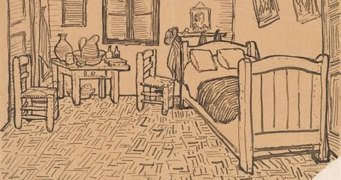 Boceto de El dormitorio en Arlés de Vincent van Gogh (octubre de 1888).