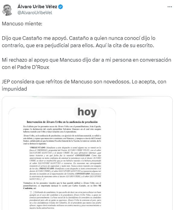 Trino del expresidente Álvaro Uribe sobre Salvatore Mancuso y la JEP