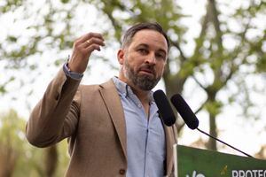 The president of Far-right VOX party Santiago Abascal, speaks at the Parque del Templo de Debod, on April 14, 2021, in Madrid, Spain during a rally for the pre-campaign for the regional elections in the Community of Madrid for next May 4 2021.  (Photo by Oscar Gonzalez/NurPhoto) (Photo by Oscar Gonzalez / NurPhoto / NurPhoto via AFP)
