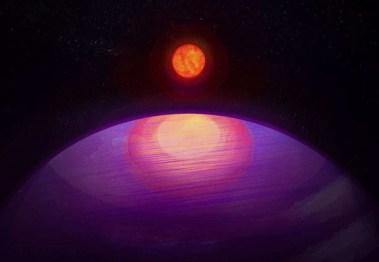 Representación artística del planeta  LHS 3154b, cuya tamaño es superior a su Sol.