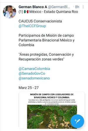 Este mensaje en twitter fue eliminado de la cuenta del presidente de la Cámara de Representantes cuando se supo que estaba en México al igual que su esposa la secretaria de Salud, Lina Bustamante.