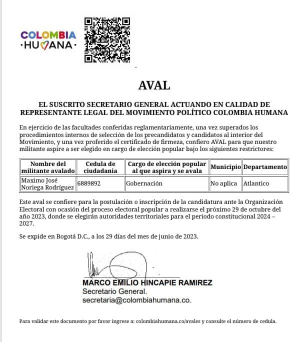 Aval de la Colombia Humana para que Máximo Noriega fuera candidato a la Gobernación del Atlántico.