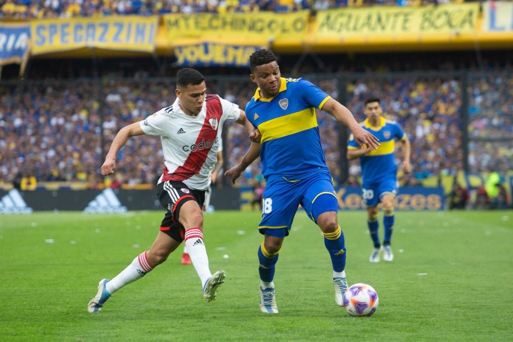 Frank Fabbra of Boca Juniors in action against Paulo Díaz of River Plate during a match between Boca Juniors and River Plate as part of Liga Profesional 2022 at La Bombonera stadium in Buenos Aires, Argentina, September 11, 2022. (Photo by Matías Baglietto/NurPhoto via Getty Images)