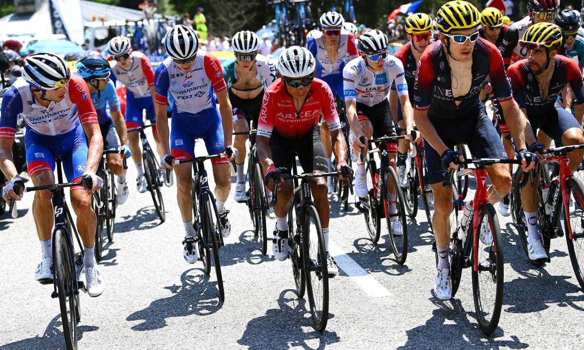 HAUTACAM, FRANCE - JULY 21: (L-R) Antoine Duchesne of Canada, David Gaudu of France and Team Groupama - FDJ, Nairo Alexander Quintana Rojas of Colombia and Team Arkéa - Samsic, Tadej Pogacar of Slovenia and UAE Team Emirates - White Best Young Rider Jersey and Geraint Thomas of The United Kingdom and Team INEOS Grenadiers compete during the 109th Tour de France 2022, Stage 18 a 143,2km stage from Lourdes to Hautacam 1520m / #TDF2022 / #WorldTour / on July 21, 2022 in Hautacam, France. (Photo by Tim de Waele/Getty Images)