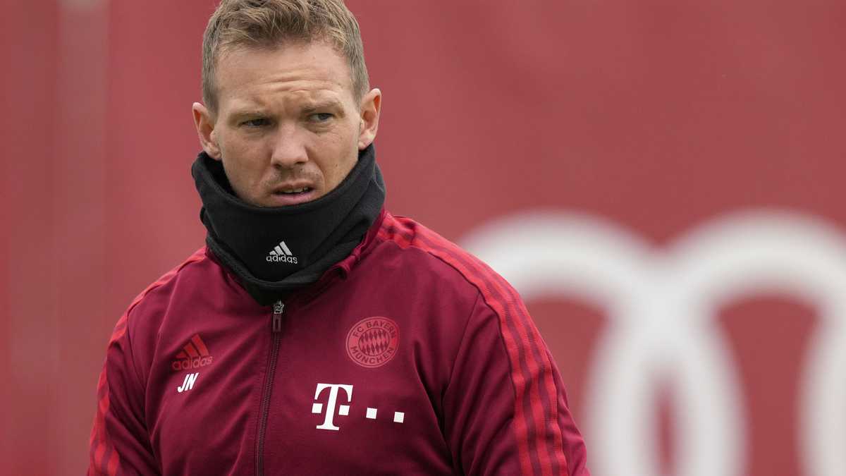 FC Bayern Munich's head coach Julian Nagelsmann arrives for a training session in Munich, Germany, Tuesday, Oct. 19, 2021. Bayern will face Portuguese team Benfica in Lisbon for a Champions League group E soccer match on Wednesday, Oct. 20, 2021. (AP Photo/Matthias Schrader)