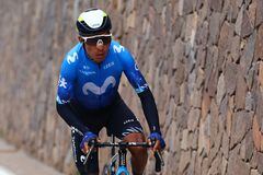 Team Movistar's Colombian rider Nairo Quintana cycleS in a breakaway during the 17th stage of the 107th Giro d'Italia cycling race, 159km between Selva di Val Gardena and Passo del Brocon on May 22, 2024. (Photo by Luca Bettini / AFP)